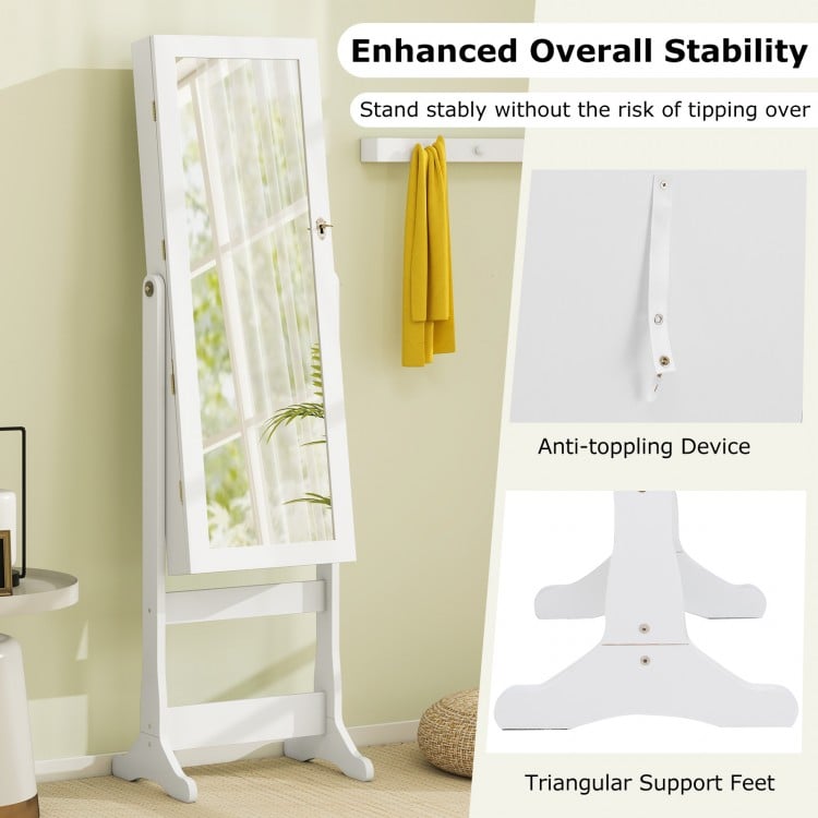 Lockable Freestanding Jewelry Cabinet Armoire with Full-Length Mirror and Lights-White