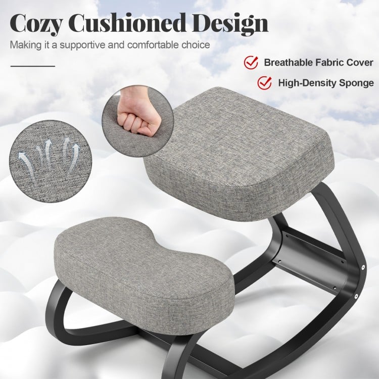 Wooden Ergonomic Rocking Kneeling Backless Chair with Padded Cushion-Grey