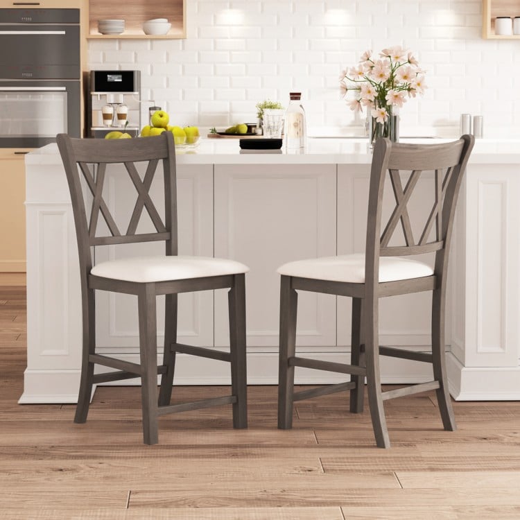 Set of 2 Bar Stools with Cross Back and Linen Fabric Upholstered Seat-Beige