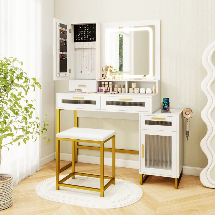 Makeup Vanity Desk Dressing Table and Stool Set with Lighted Mirror-White