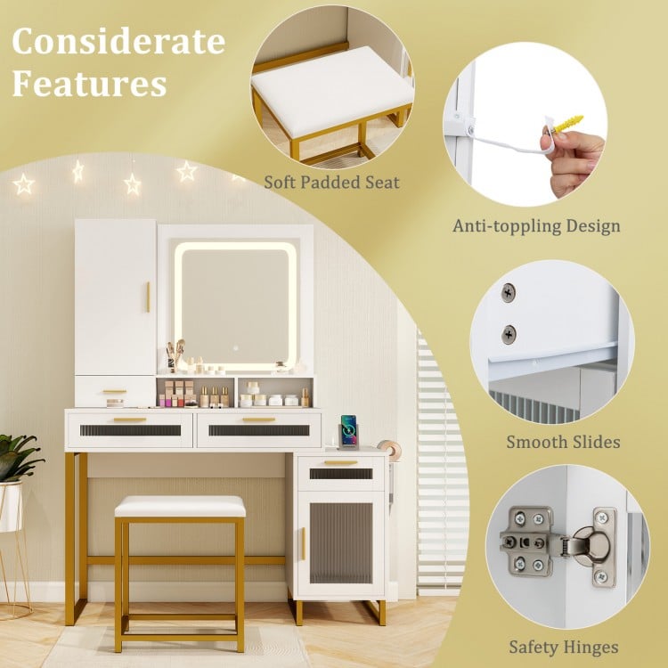 Makeup Vanity Desk Dressing Table and Stool Set with Lighted Mirror-White