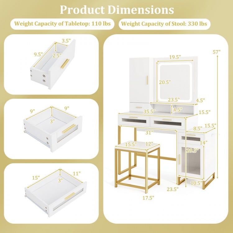 Makeup Vanity Desk Dressing Table and Stool Set with Lighted Mirror-White