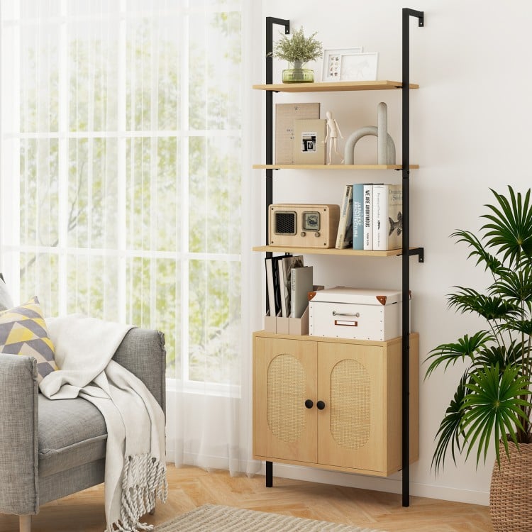 72.5 Inch 6-Tier Wall Mounted Ladder Bookshelf with Rattan Cabinet-Natural