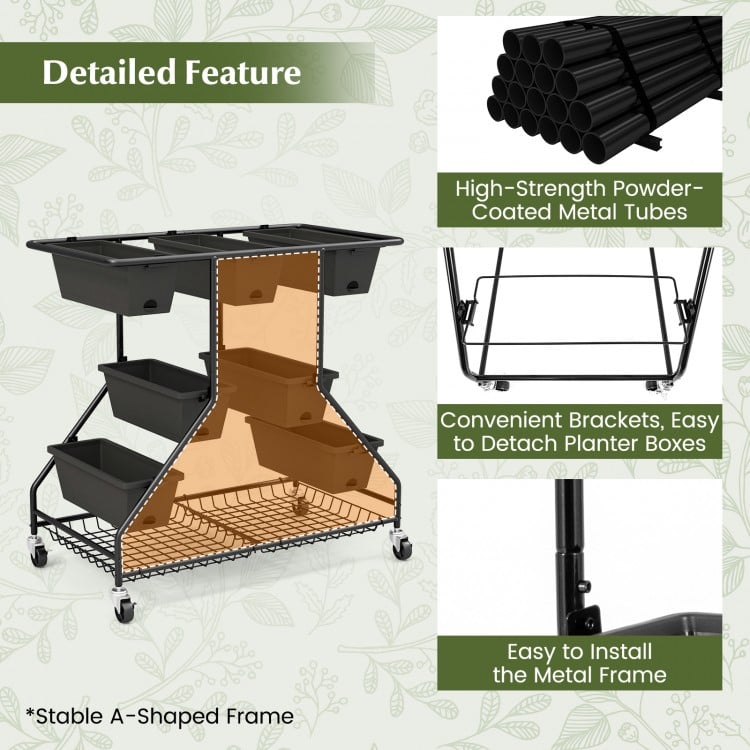 Vertical Raised Garden Bed with 7 Planter Boxes and Storage Baskets-Black