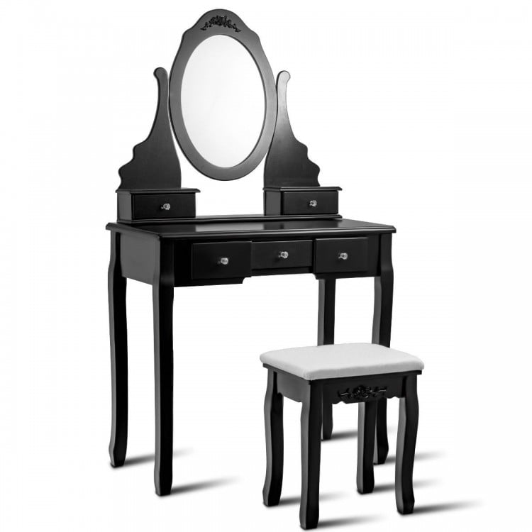 Wooden Vanity Set with 360° Rotating Oval Mirror and Cushioned Stool-Black