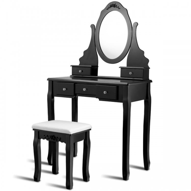 Wooden Vanity Set with 360° Rotating Oval Mirror and Cushioned Stool-Black