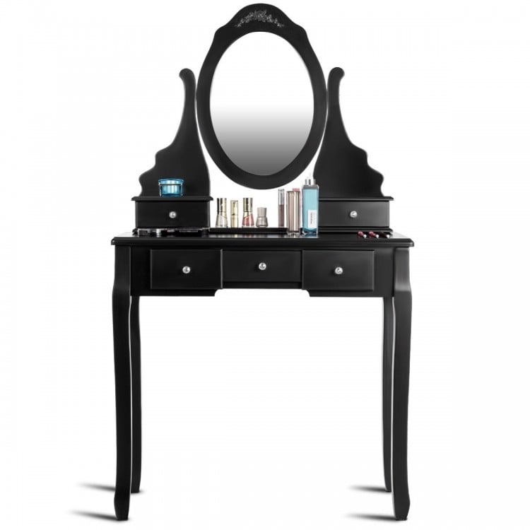 Wooden Vanity Set with 360° Rotating Oval Mirror and Cushioned Stool-Black
