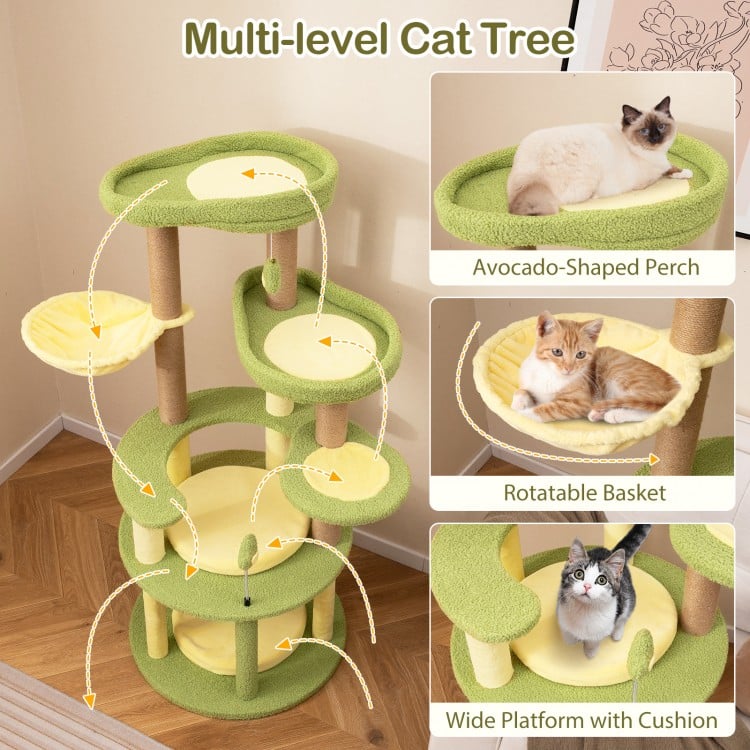 Multi-level Cat Tree Avocado Theme Cat Tower with Wide Perch Rotatable Basket-Green