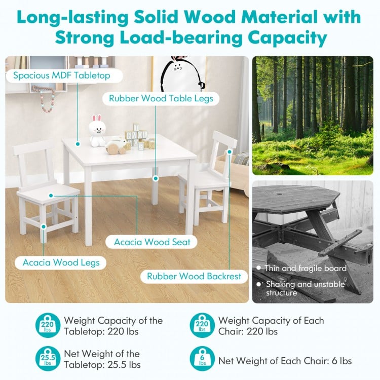 Wooden Kids Table and 2 Chairs Set with Anti-slip Foot Pads-White