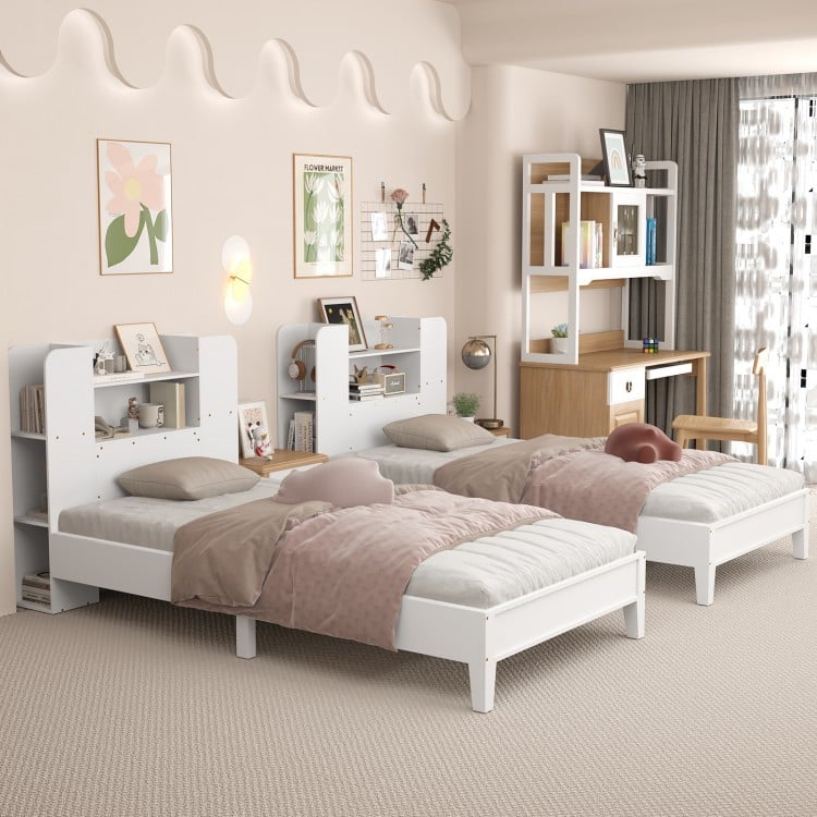 Twin Size Wooden Platform Bed Frame with Bookcase Headboard-White