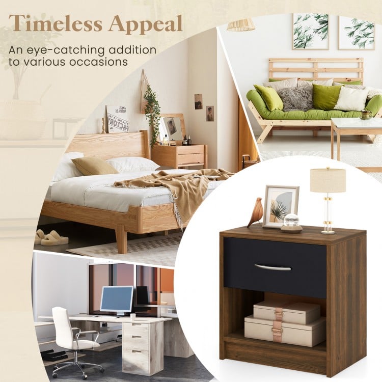 Bedside Table Nightstand with Drawer and Open Storage Shelf-Brown