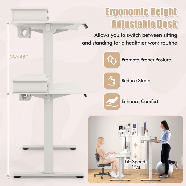 55 Inch x 24 Inch Height Adjustable Electric Standing Desk with 2 Drawers-White