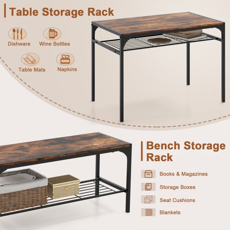 Industrial Style Rectangular Kitchen Table with Bench and Chairs-Rustic Brown