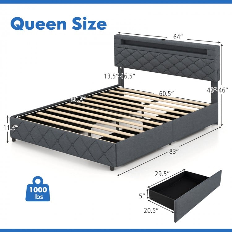 Full/Queen Size Bed Frame with Adjustable Storage Headboard and Wooden Slat Support-Queen Size