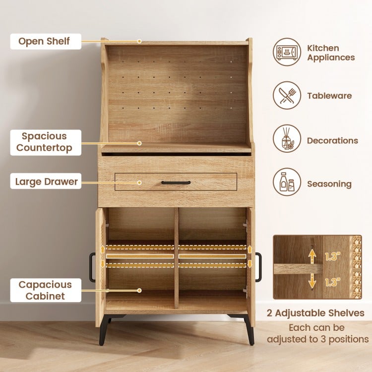 Coffee Bar Cabinet with Pegboard  Storage Drawer and Adjustable Shelf-Oak