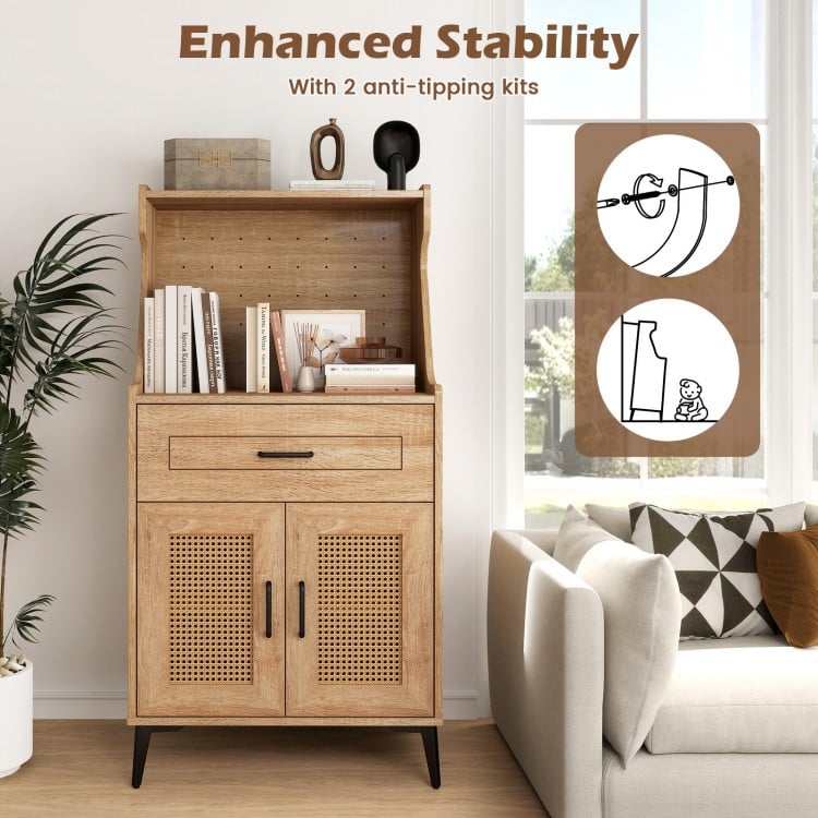 Coffee Bar Cabinet with Pegboard  Storage Drawer and Adjustable Shelf-Oak