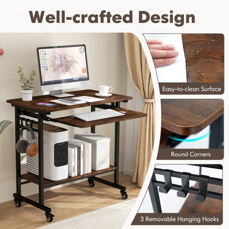 Rolling Laptop Table with Pull-out Keyboard Tray and Hooks-Rustic Brown