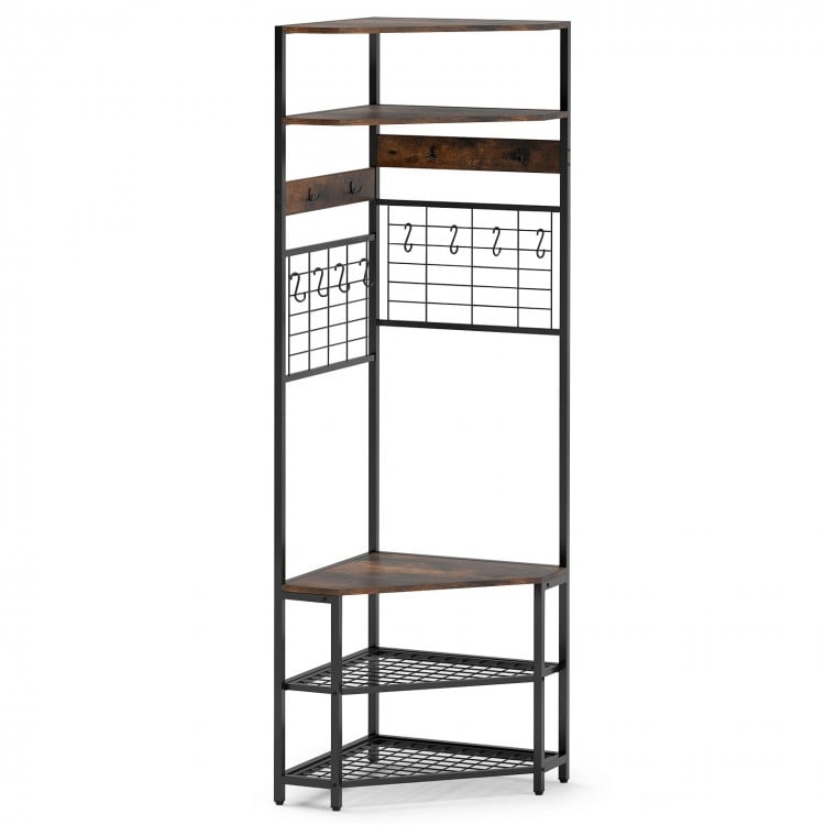5-Tier Corner Hall Tree with Shoe Storage Bench-Rustic Brown