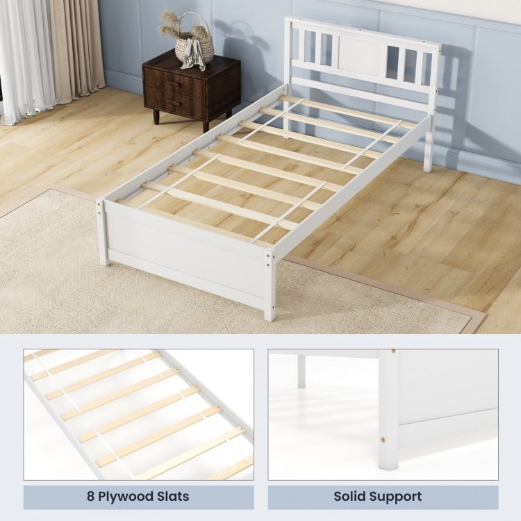 Wooden Platform Bed with Headboard and Wood Slat Support White-Twin Size