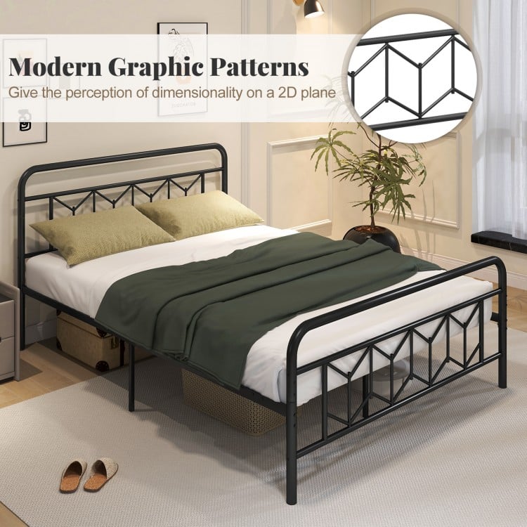 Platform Bed with High Headboard and Snap Lock Metal Slats-Queen Size