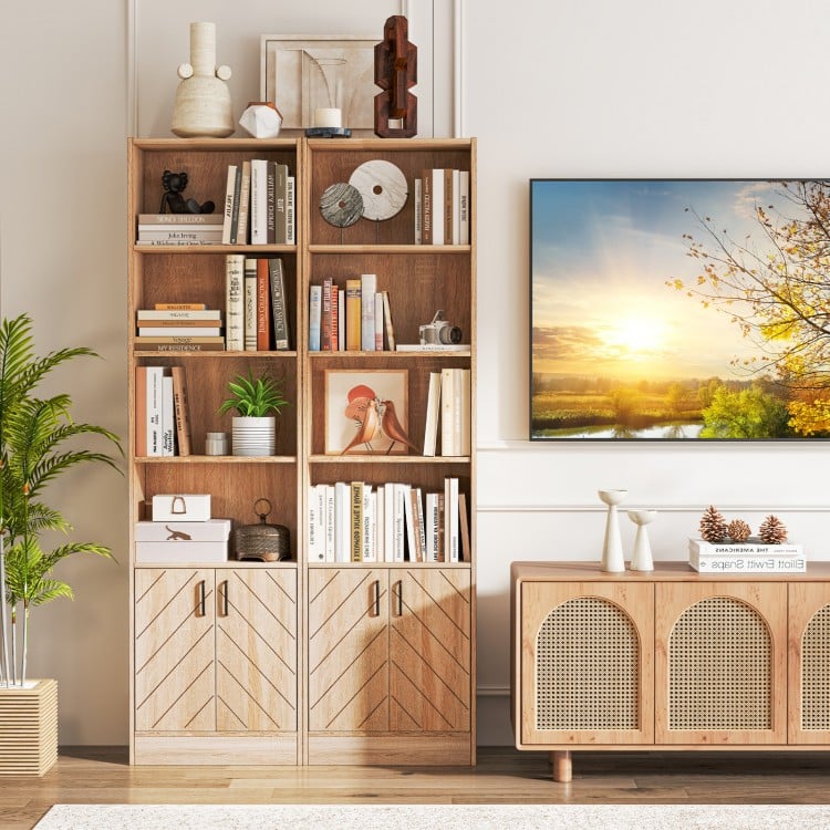 71 Inch 6-Tier Tall Bookshelf with Double Doors 4 Open Cubes-Oak