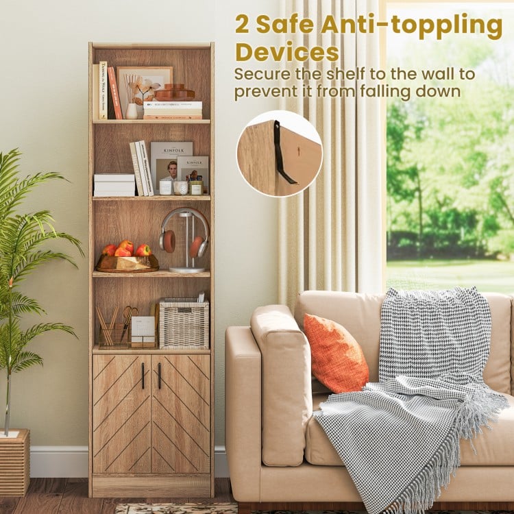 71 Inch 6-Tier Tall Bookshelf with Double Doors 4 Open Cubes-Oak
