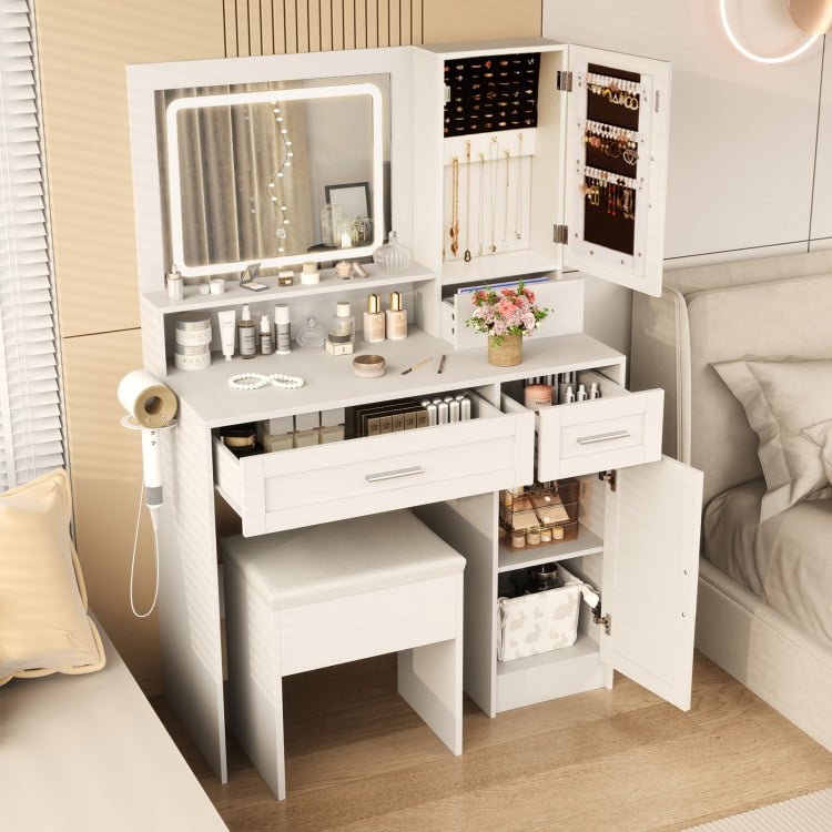 Makeup Vanity Desk with Mirror and Lights Dressing Table and Stool Set-White
