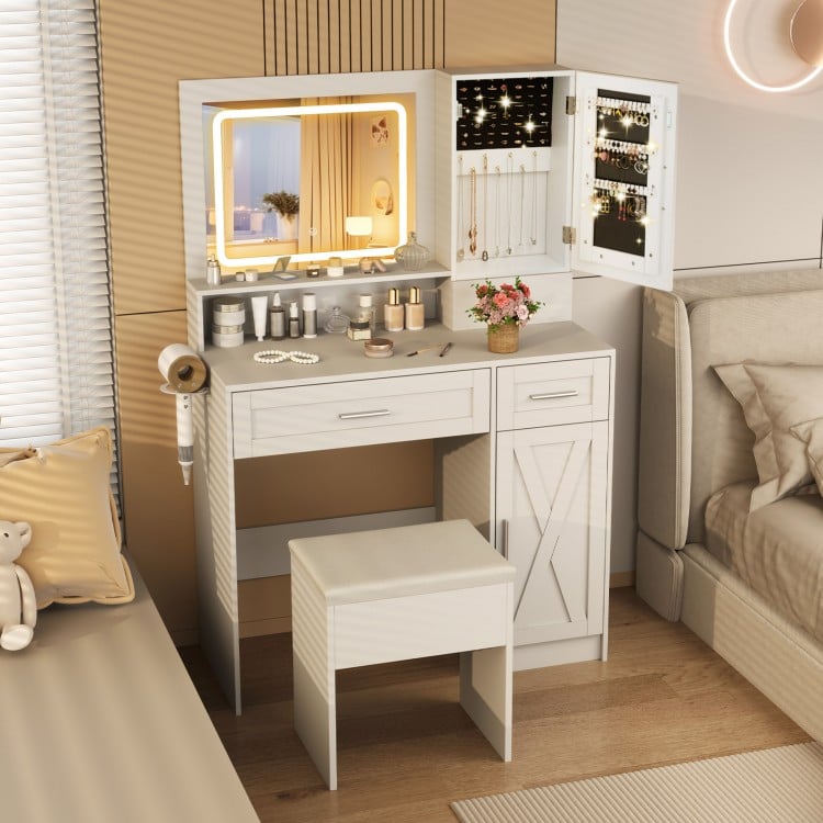 Makeup Vanity Desk with Mirror and Lights Dressing Table and Stool Set-White