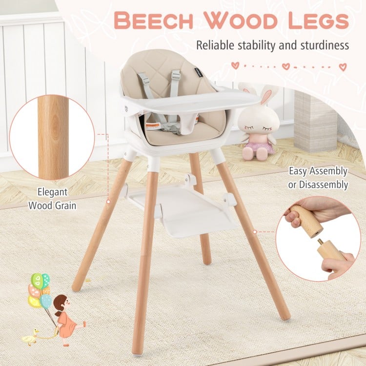 6 in 1 Convertible Highchair with Safety Harness and Removable Tray-Beige