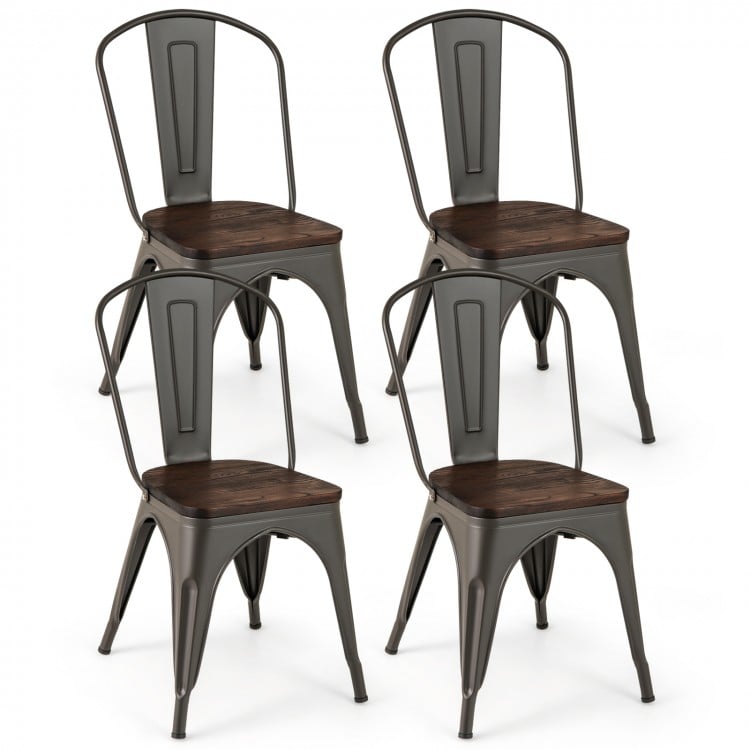 Metal Dining Chairs Set of 4 Tolix Style Stackable Kitchen Chairs with Wood Seat-Gun