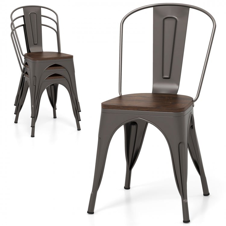 Metal Dining Chairs Set of 4 Tolix Style Stackable Kitchen Chairs with Wood Seat-Gun