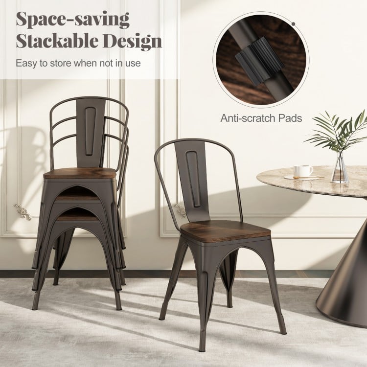 Metal Dining Chairs Set of 4 Tolix Style Stackable Kitchen Chairs with Wood Seat-Gun