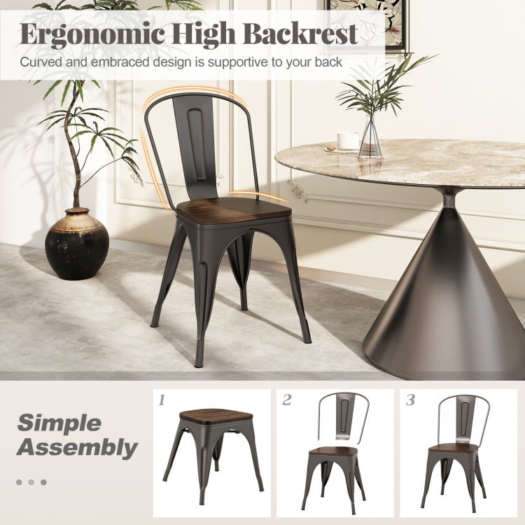 Metal Dining Chairs Set of 4 Tolix Style Stackable Kitchen Chairs with Wood Seat-Gun