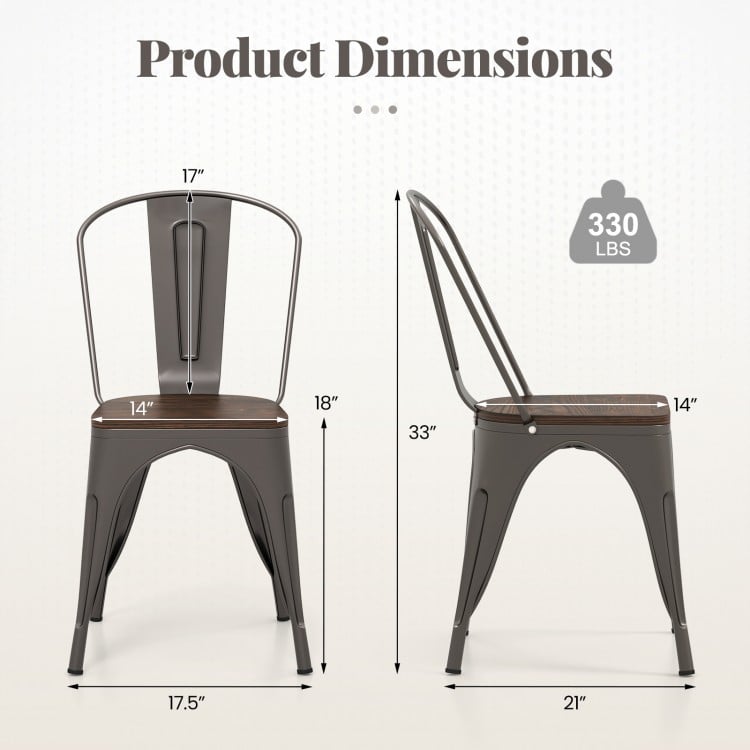 Metal Dining Chairs Set of 4 Tolix Style Stackable Kitchen Chairs with Wood Seat-Gun