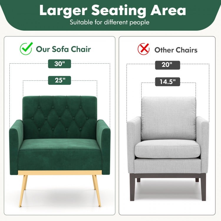 Modern Velvet Accent Chair with Button Tufted Back Golden Metal Legs and Adjustable Foot Pads-Turquoise