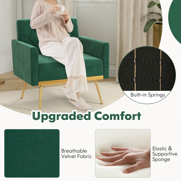 Modern Velvet Accent Chair with Button Tufted Back Golden Metal Legs and Adjustable Foot Pads-Turquoise