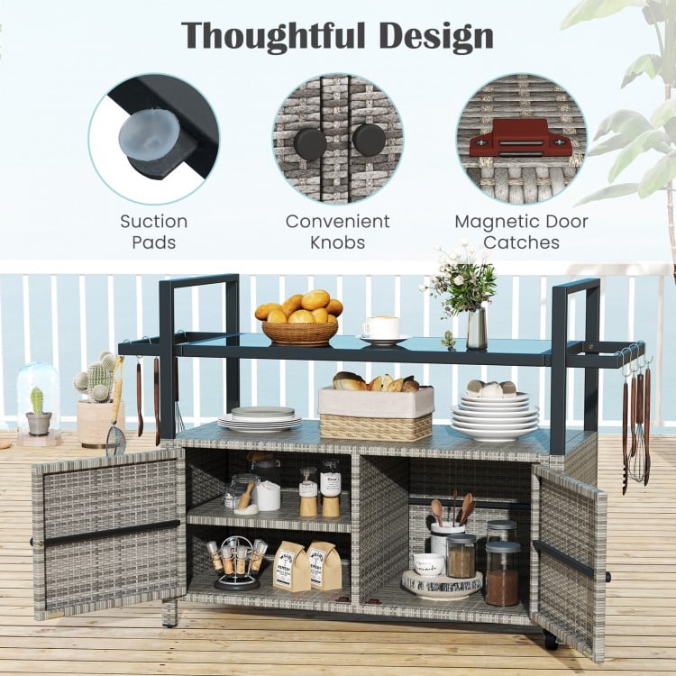Outdoor Bar Cart Wicker Buffet Serving Cart with Cabinet and 8 Hooks-Gray