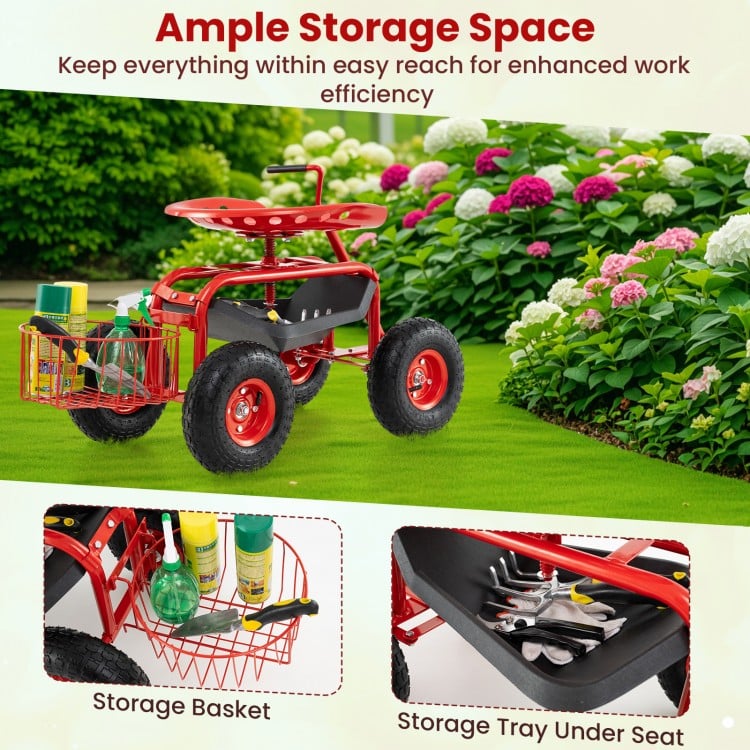 Extendable Handle Garden Cart Rolling Wagon Scooter-Red