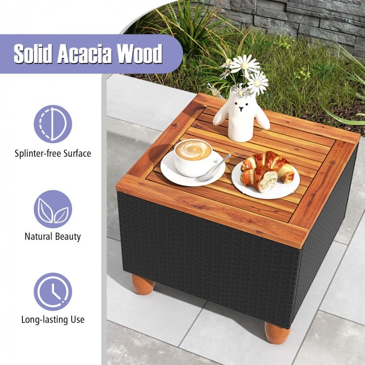 3 Pieces Outdoor Patio Wicker Furniture Set with Cushions and Acacia Wood Coffee Table-Gray