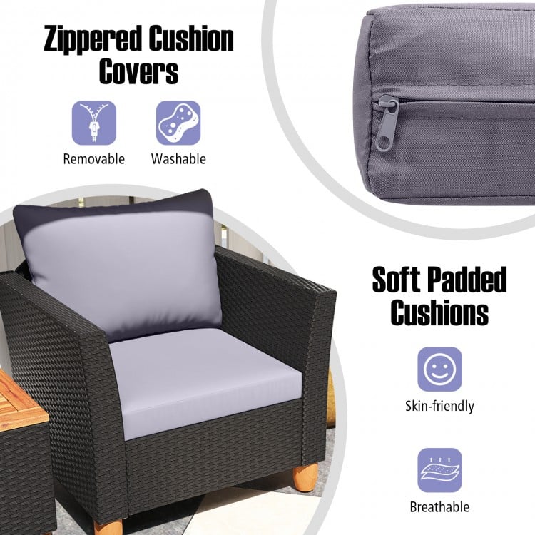 3 Pieces Outdoor Patio Wicker Furniture Set with Cushions and Acacia Wood Coffee Table-Gray