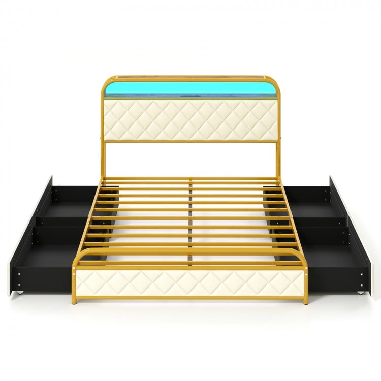 Twin/Full/Queen Size Bed Frame with LED Lights and Charging Station Gold-Full Size