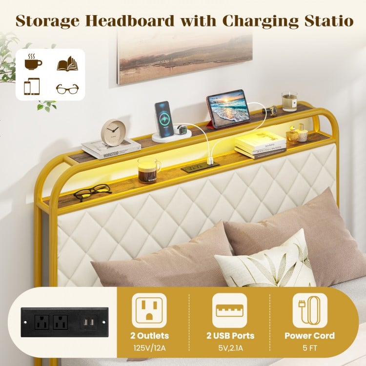 Twin/Full/Queen Size Bed Frame with LED Lights and Charging Station Gold-Full Size
