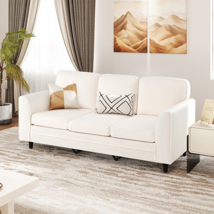 Upholstered Teddy Velvet 3-Seat Sofa with Comfy Back Pillows-White