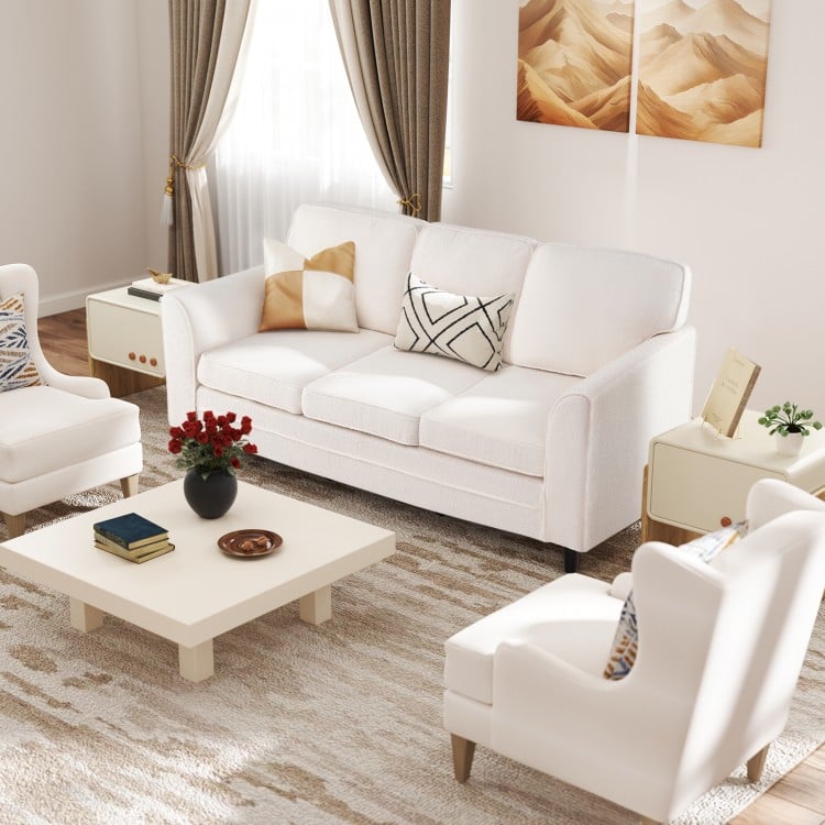 Upholstered Teddy Velvet 3-Seat Sofa with Comfy Back Pillows-White