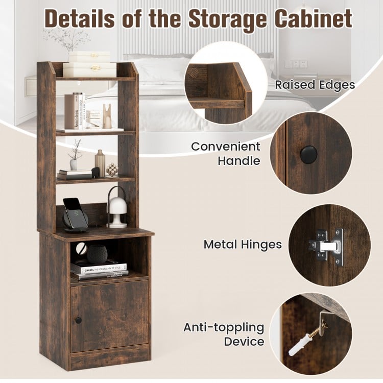 6-Tier Bookshelf Nightstand with Charging Station and Cabinet-Rustic Brown