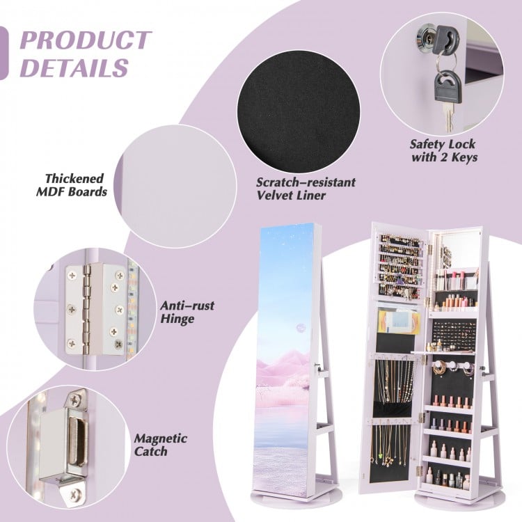 360° Rotating Mirrored Jewelry Cabinet Armoire 3 Color LED Modes Lockable-Purple