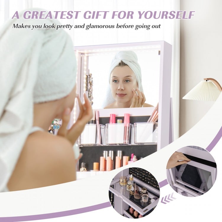 360° Rotating Mirrored Jewelry Cabinet Armoire 3 Color LED Modes Lockable-Purple