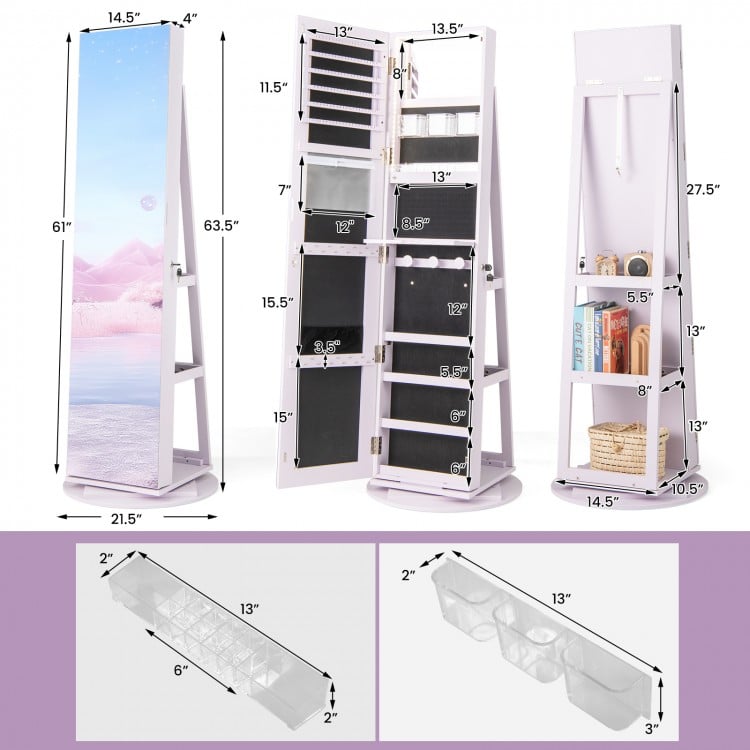 360° Rotating Mirrored Jewelry Cabinet Armoire 3 Color LED Modes Lockable-Purple