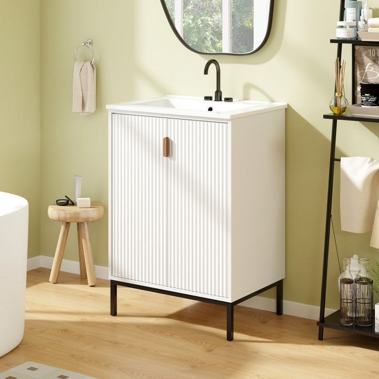24-Inch Bathroom Vanity with Ceramic Sink Combo, Freestanding Bathroom Cabinet with Adjustable Shelf, White