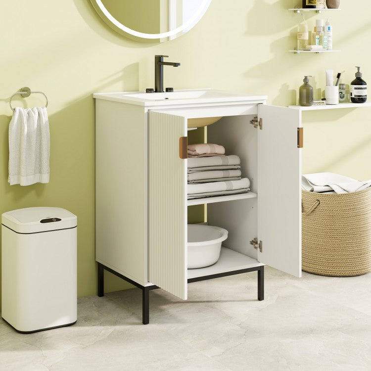 24-Inch Bathroom Vanity with Ceramic Sink Combo, Freestanding Bathroom Cabinet with Adjustable Shelf, White
